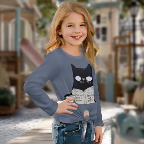 Girl Long Sleeve Shirts Crew Neck Kids Sweatshirt Tie Front Top Teens Pullover Girl T-Shirts for Spring Fall4