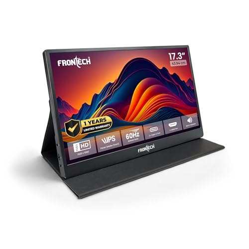 Image of FRONTECH 17.3 inch Portable LED Monitor | Full HD 1920x1080 IPS Display | 60Hz Refresh Rate | Mini HDMI & Dual Type-C Ports | Built-in Speaker | Kickstand Cover | External Laptop Monitor (MON-0084)