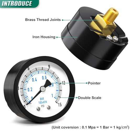 Image of 0-15PSI Well Pump Pressure Gauge 2 inch Dial Size, 1 /8 inch NPT Back Mount, 3-2-3% Accuracy, for Tube, Water Pump, Gas, Liquid, Pressure Test