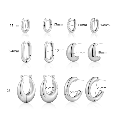 ALLHOLA Hoop Earrings for Women Trendy, 6 Pairs 14k Gold Plated Huggie Hoops Earrings Set Hypoallergenic, Lightweight Chunky Twisted Hoop Earrings for Women Trendy Jewelry Gifts. (A-silver hoops) — view 6