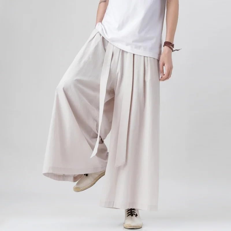 Chinese Style Linen Cotton Retro Pants Man Summer Kimono Solid Color Male Streetwear Casual Wide-Leg Trousers4