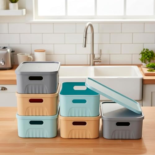 Image of SR Plastic Storage Baskets with Lids - Multipurpose storage and organisers for Kitchen, Clothes,Toys, Office - Durable & Stackable storage box and organiser for Home & Kitchen(3 Pcs)