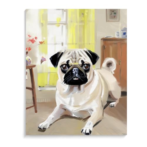 Paint by Numbers Pug Dog DIY Acrylic Painting Kit with Brushes Pigment Oil Painting Artwork Adults Beginners Wall Decor 12x16inch(30x40cm) Frameless