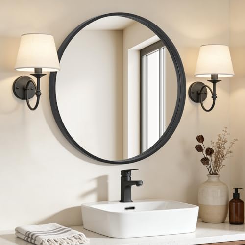 Image of WallBeyond Black Round Mirror Wood Framed 28 inch Circle Wall Mirror for Bathroom Round Wall Mirror for Wall Decor, Vanity, Entryway Living Room