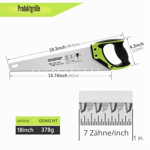 LYFJXX 18 Inch Wood Hand Saw, Non-slip Ergonomic Handle Rustproof Wood Saw, 11 TPI Universal Handsaw for Woodworking-Green