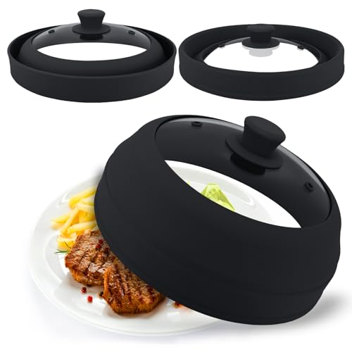 Microwave Splatter Cover Glass,10.5 Inch Collapsible Microwave Cover for Food Glass, Silicone Vented Splatter Guard Lid, Silicone Dish Plate Cover, Dishwasher Safe, Heat Resistant, BPA-Free, Black