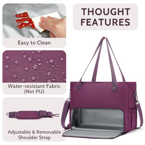 Lunch Tote Bag for Women with 15.6" Laptop Compartment, Work Tote Bag with Insulated Lunch Compartment, Large Casual Canvas Handbag Luncg Bags for Nurse, Teacher, Office, Travel, Beach, Purple — view 6
