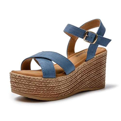 JOMIX Sandalias Mujer Verano con Cuñas Esparto Sandalias Cuña Mujer Piel Sandalias Mujer Comodas Playa Piscina Mar con Hebilla, Azul, 38 EU
