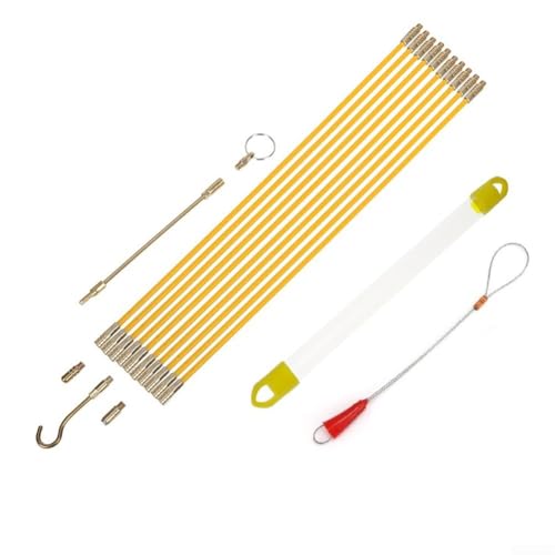 Kit de extractor de cables de fibra de vidrio, 10 varillas de alambre eléctrico de 45 cm con gancho y agujero, varillas de extracción de cable de fibra de vidrio amarillo de 4 mm de diámetro para
