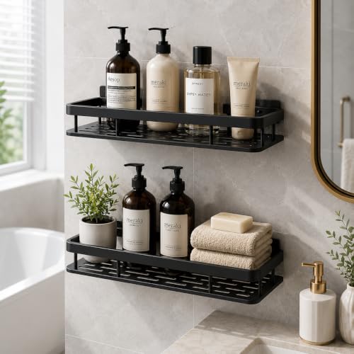 Image of JD FRESH 2 Pcs Self Adhesive Bathroom Shelf for Wall, Aluminium Holder Stand, Wall Mounted Bathroom Shelves Rack for Bathroom Accessories Organiser, with Drill and Without Drill - Black