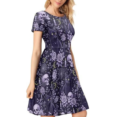 Image of HUGS IDEA Womens Puffy Swing Midi Dress Round Neck Short Sleeve Party A-Line Dresses