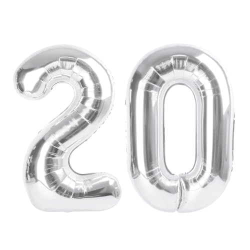 Image of Number Balloons 20 Balloon Silver for 20th Birthday Party Decoration, 40 in | Saturated Color, Large 40 inch, With Straw & Hanging Hole, For Back-To-School Season, Anniversary, Christmas, New Year