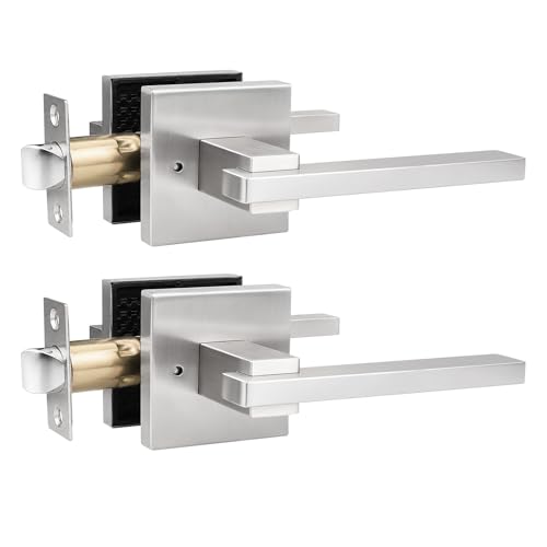 Image of Orger 2 Pack Satin Nickel Door Handle Lock Privacy Door Lever with Square Rose, Interior Door Lock for Bed Bath Modern Keyless Door Lever Reversible for Left & Right, Stainless Steel Door Lock