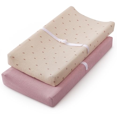 Image of Blissful Diary Muslin Changing Pad Cover for Girls Boys, Ultra Soft Breathable Cotton, Baby Diaper Change Table Pad Covers, 2Pack (Sunshine&Blush Pink)