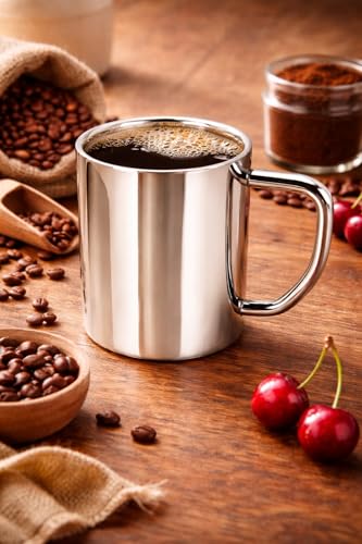 Image of Stainless Steel Coffee Mug Set of 2 | Tea Cups & Coffee Mugs 200 ml | Double wall Hot and Cold Drinks Mugs with Handle | Unbreakable Rust Proof Steel