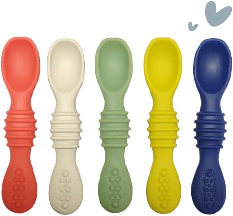 Jocate Silicone Baby Spoons First Stage Set - 4.5 Inch Self Feeding Spoons for Babies and Toddlers - Food Safe BPA Free Silicone - Dishwasher and Microwave Safe - Set of 5 (The Rainforest)
