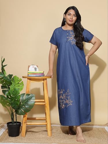 Image of 9shines Label Stylish Denim Cotton Nighty Maxi for Women | Full Length Trendy Nightgown | Premium Nightdress | Nightwear | Embroidery Nighty with Pocket (9SDS)