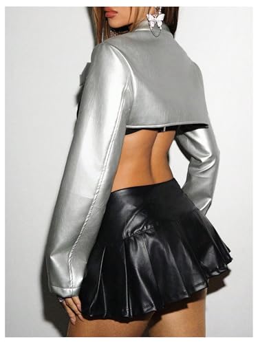 MakeMeChic Women's PU Leather Mock Neck Long Sleeve Button Front Cropped Shrugs Club Jacket Coat2