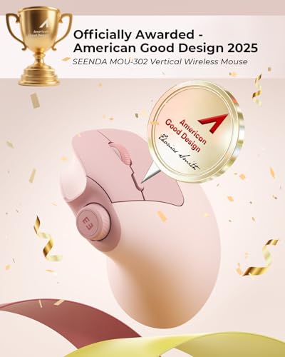 Image of seenda MOU-302 Wireless Bluetooth Ergonomic Vertical Mouse with Volume Knob | Rechargeable 3-device mice for small /medium hands with quiet clicks, 1000 /1600 /2400 DPI for PC, laptop, MacBook, Light Pink