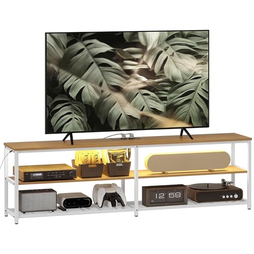 HOMCOM Mueble de TV Industrial Mueble de TV para Salón con Luces LED Control Remoto Extensión para Cargar y 2 Compartimentos Abiertos Mueble para Televisión de 65 Pulgadas 159x29x46,5 cm Natural