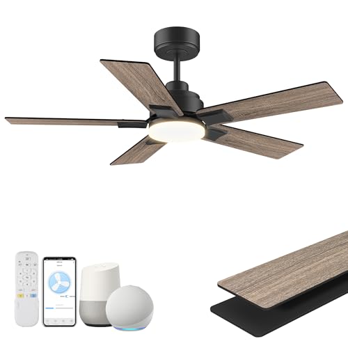 Hoenofly 42Inch Smart Ceiling Fan with Lights Remote,APP&Voice Alexa WIFI Controled,Quiet Reversible DC Motor,Dimmable LED,Indoor Outdoor,Small Modern Ceiling Fan,for Bedroom Patio Porch,Black&Walnut