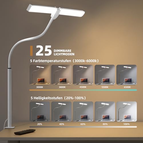 Schreibtischlampe LED Dimmbar, Schreibtischlampe Klemmbar mit Fernbedienungen, 5 Farben und 5 Helligkeitsstufen Monitor Lampe, Büro Tischlampe, Tageslichtlampe Schreibtisch, Speicherfunktion, Weiß