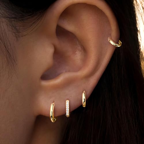 Image of Small Gold Huggie Hoop Earrings Set for Women Men Hypoallergenic 14K Plated Stack Cartilage Earrings, Sterling Silver Multiple Piercing Lightweight Mini Thin Cute Dainty Trendy Jewelry Gifts for Women
