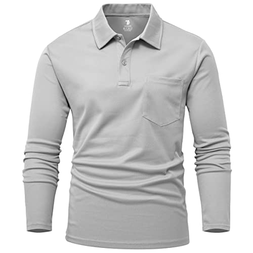 Rdruko Long Sleeve Polo Shirts Mens Smart Casual Golf Tops Breathable Wicking Quick Dry Polyester Work T Shirts with Pocket Light Grey L