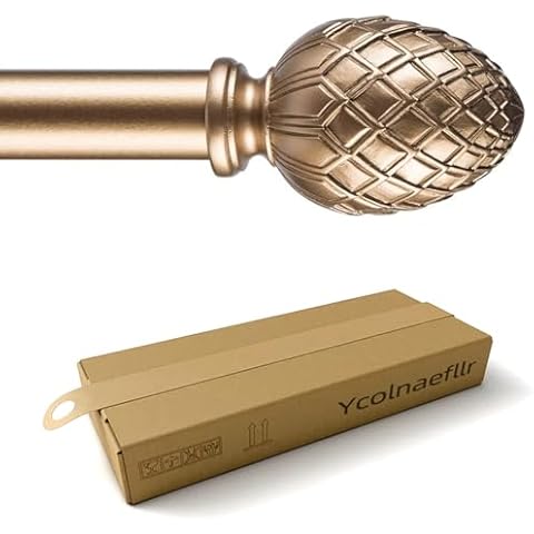 Ycolnaefllr 1 Inch Diameter Heavy Duty Single Curtain Rod for Windows Decorative Drapery Rods Adjustable Length from 28 to 48 Inch,Adjustable Single Window Curtain Rod with Resin Finial,Gold Cover