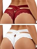 ohmydear String Sexy Tanga Femme Sexy Chic Dentelle String Culottes Slips Femmes Croisées Creux Out Entrejambe en Coton XS S Transparent Panties Strings et Tangas sous Vêtements Culottes Lot de Deux