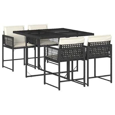 HBFDSFG 5 Piece Patio Dining Set with Cushions Black Poly Rattan Outdoor Table and 4 Folding Chairs