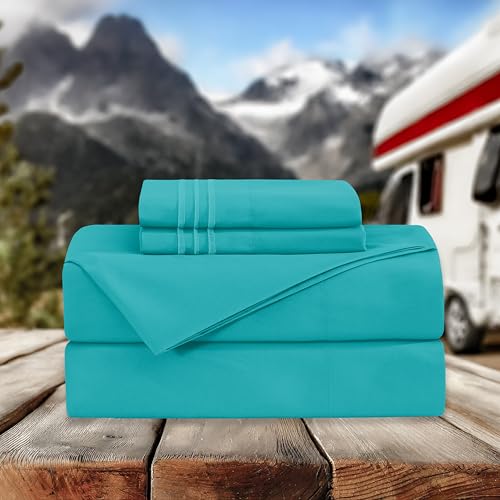 Image of Elegant Comfort Luxurious 1500 Premium Hotel Quality Microfiber Three Line Embroidered Softest 4-Piece Bed Sheet Set, Wrinkle and Fade Resistant, RV Short Queen, Turquoise