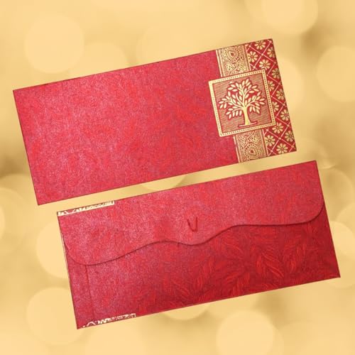 Image of Pack of 25, Rectangle Shape Metallic Paper Shagun Envelopes for Gifting Sagan Lifafa Wedding Occasion Cash Money, 18 X 8 cm, Red Color - Gold Tree Design