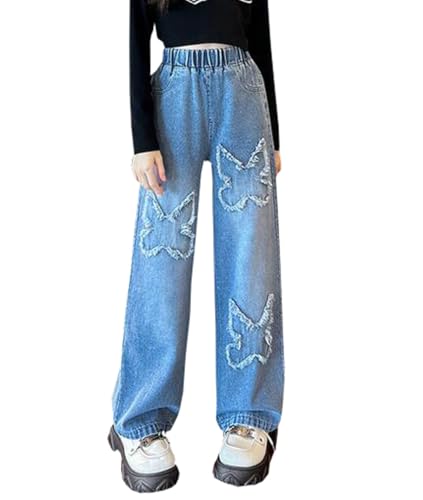 Girls Casual Butterfly Embroidered Baggy Jeans Trousers Kids Elastic Waist Wide Leg Pants Denim Pants4