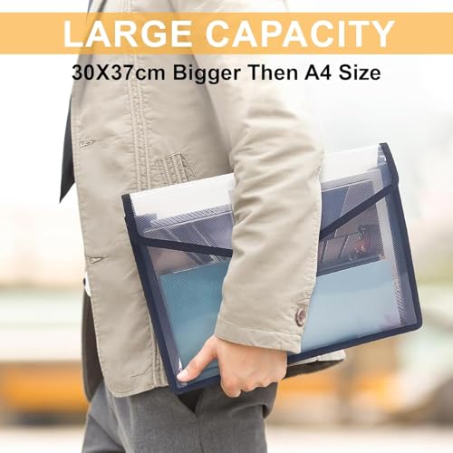 Image of NV Clear Plastic Document Holder Envelope File Folder with Button Closure & Label Window, A4 Size, 37 x 30 x 4.5 cm, Transparent Expanding Document Organizer for Office, School & Home, Pack of 5