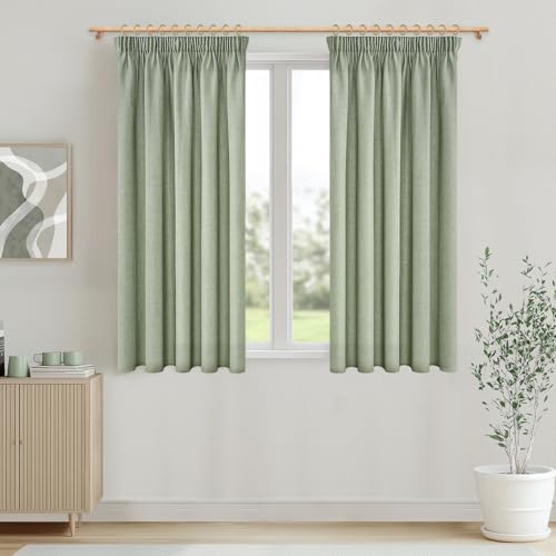 MRTREES Cortinas Lino Cortas para Ventanas 140x160 CM Cortinas Salon Modernas Translucidas 2 Piezas Cortina Visillo con Ganchos para Dormitorio Comedor Habitacion, Verde Salvia