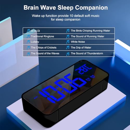 Image of Digital Alarm Clock with LED Display, Portable Mirror Alarm Clock with Double Alarm Snooze Time 4 Levels of Brightness Adjustable Dimmer 10 Music Charging Port
