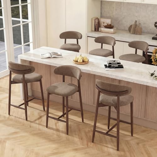 Image of Bar Stools Set of 6, 25.6″ Counter Height Bar Stools with Wood Legs, Upholstered Modern Kitchen Barstools for Kitchen Island Dining Room Bar, Camel