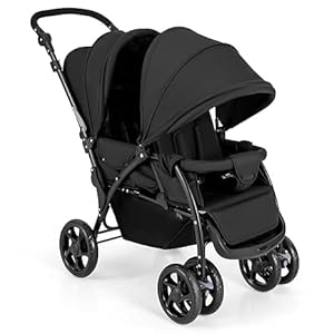 Nightcore Double Stroller with 5-Point Carrier, Foldable Stroller with Tandem Seating, Compact Double Stroller with Storage Basket, Ideal for Newborns & Children (Black)