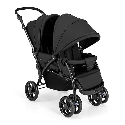 Nightcore Double Stroller with 5-Point Carrier, Foldable Stroller with Tandem Seating, Compact Double Stroller with Storage Basket, Ideal for Newborns & Children (Black)