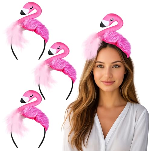 Wavyknot 3 Pcs Pink Flamingo Headband Flamingo Hat Costume Hair Accessories for Women Hawaii Tropical Party Supplies Cute Headdress Carnival Party Headpiece for Adult Prop Dress up
