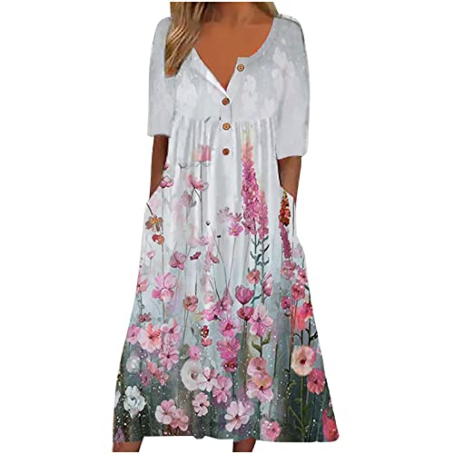 Zeiayuas Women Casual Elegant Dress Sale Summer Boho Midi Dress Vintage Floral Print V-Neck Half Sleeve Button Long Dress with Pocket Bohemian Loose Dress Cocktail Holiday Beach Dress Ladies UK