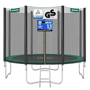 SONGMICS Trampolin Ø 305 cm, Gartentrampolin für Kinder mit Sicherheitsnetz, Randabdeckung, Leiter, 180 cm hohe gerade Stangen, Stahlrahmen, dunkelgrün STR10GN