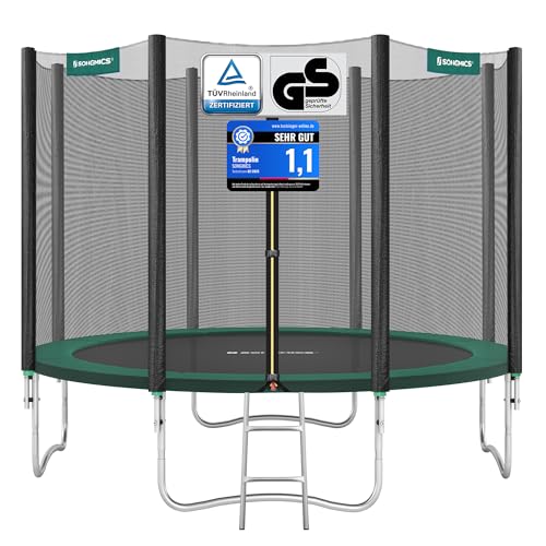 SONGMICS Trampolin Ø 305 cm, Gartentrampolin für Kinder mit Sicherheitsnetz, Randabdeckung, Leiter, 180 cm hohe gerade Stangen, Stahlrahmen, dunkelgrün STR10GN