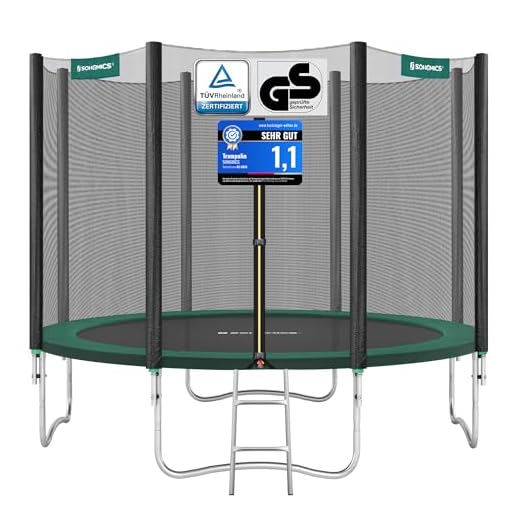SONGMICS Trampolin Ø 305 cm, Gartentrampolin für Kinder mit Sicherheitsnetz, Randabdeckung, Leiter, 180 cm hohe gerade Stangen, Stahlrahmen, dunkelgrün STR10GN