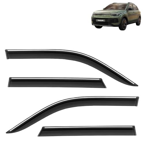 Image of KINGSWAY Accessories Chrome Lining Door Visor Only Compatible with Volkswagen Taigun (Year 2026 Onwards) All Model, Premium Chromeline Unbreakable Car Rain Guard Side Rear Wind Deflectors, Pack of 4