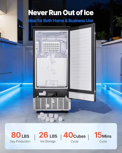 Image of VEVOR Under Counter Ice Maker, 80 Lbs /Day Stainless Steel Built-in Ice Makers Machine with Drain Pump Reversible Door, 26lbs Storage Freestanding Ice Maker for Commercial Home Kitchen