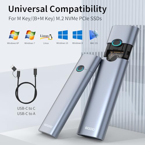 Image of GODO M.2 NVMe Hard Drive Enclosure Adapter Type C USB 3.2 Gen 2 (10 Gbps) to NVME PCI-E M-Key /(B+M) Key Support UASP Trim for SSDs 2280 /2260 /2242 /2230 Tool Free Aluminum