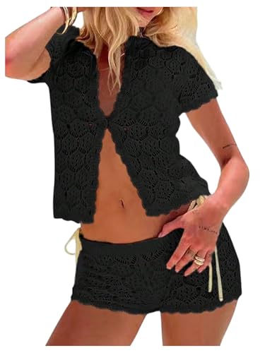 GORGLITTER Women's Crochet 2 Piece Short Sets Button Up Cardigan and Shorts
