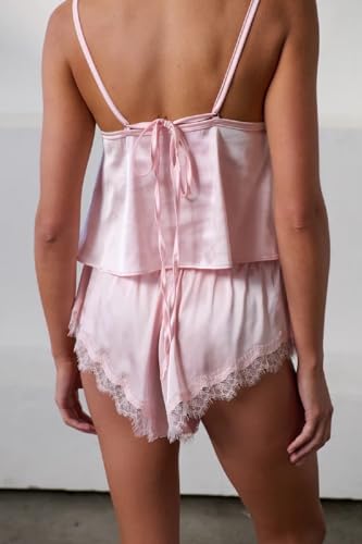 Image of ROAONOCOMO Women Lace Trim Pj Shorts Set Square Neck Coquette Tank Top Silk Satin Pajama Set Babydoll 2 Piece Shorts Outfit